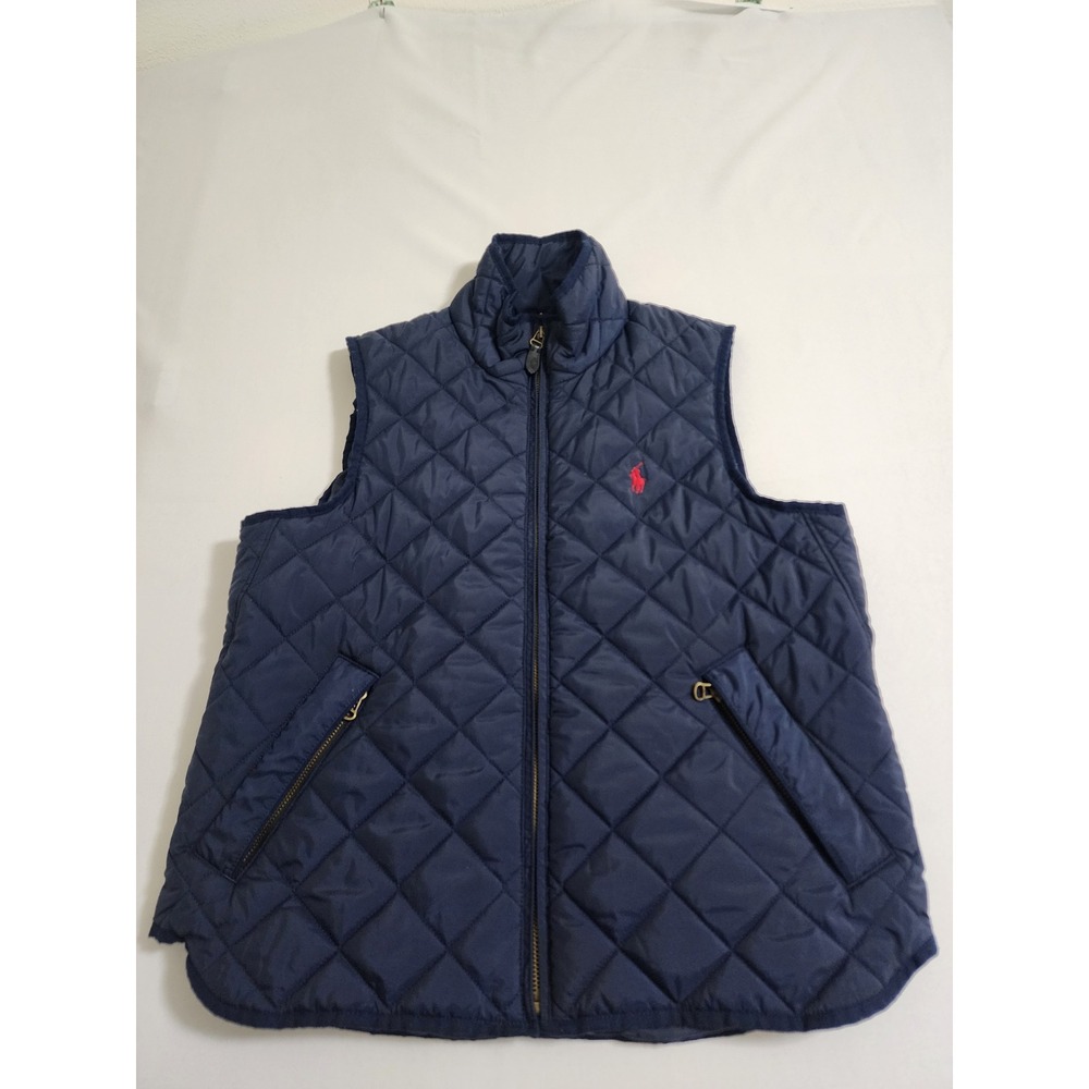 Polo Ralph Lauren Navy Blue Quilted Vest Red Pony Logo Womens Large L Full Zip